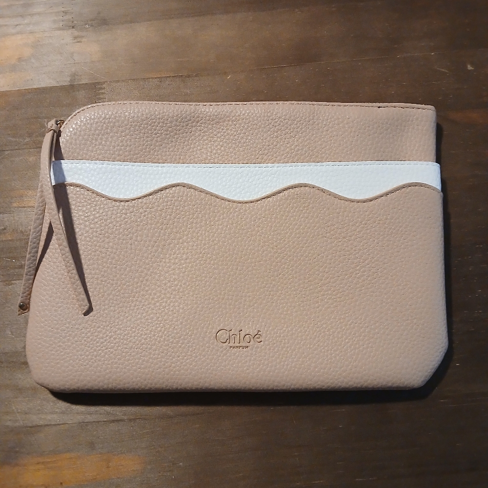 CHLOE PARFUM Peach Pebbled Leather Large Zip Cosmetic Bag